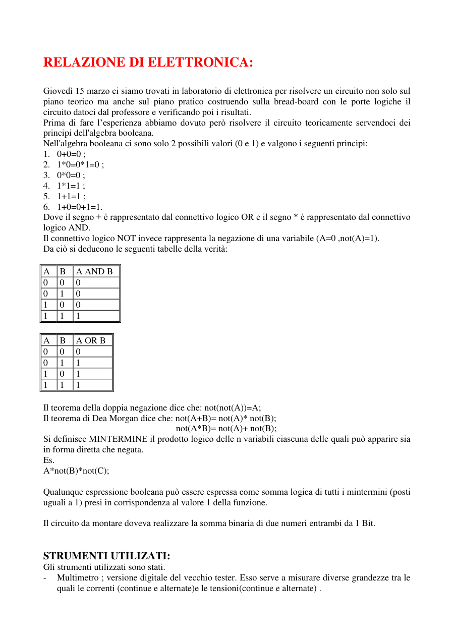 Relazione laboratorio di elettronica e algebra booleana
