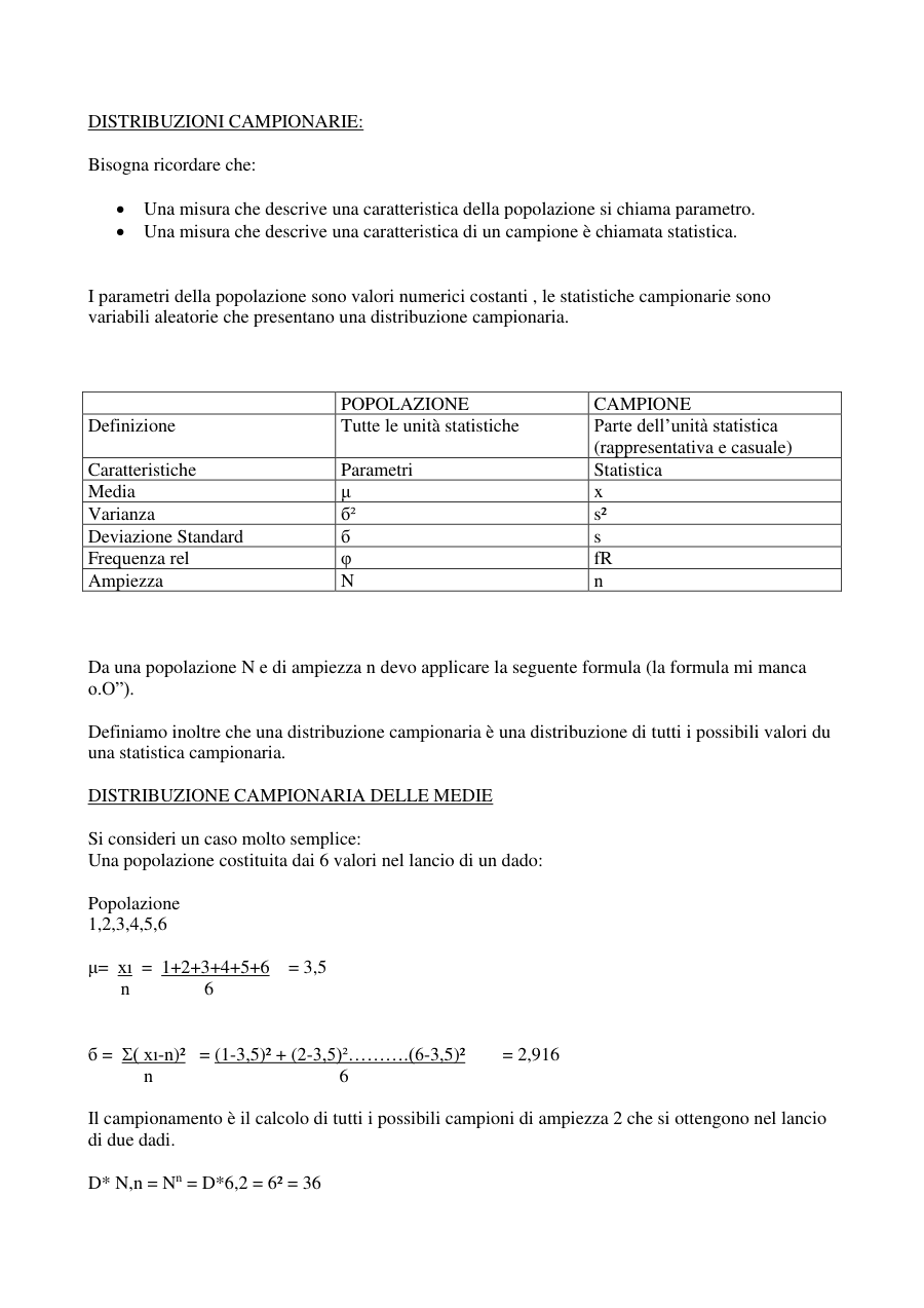 Distribuzioni Campionarie e Statistiche Campionarie