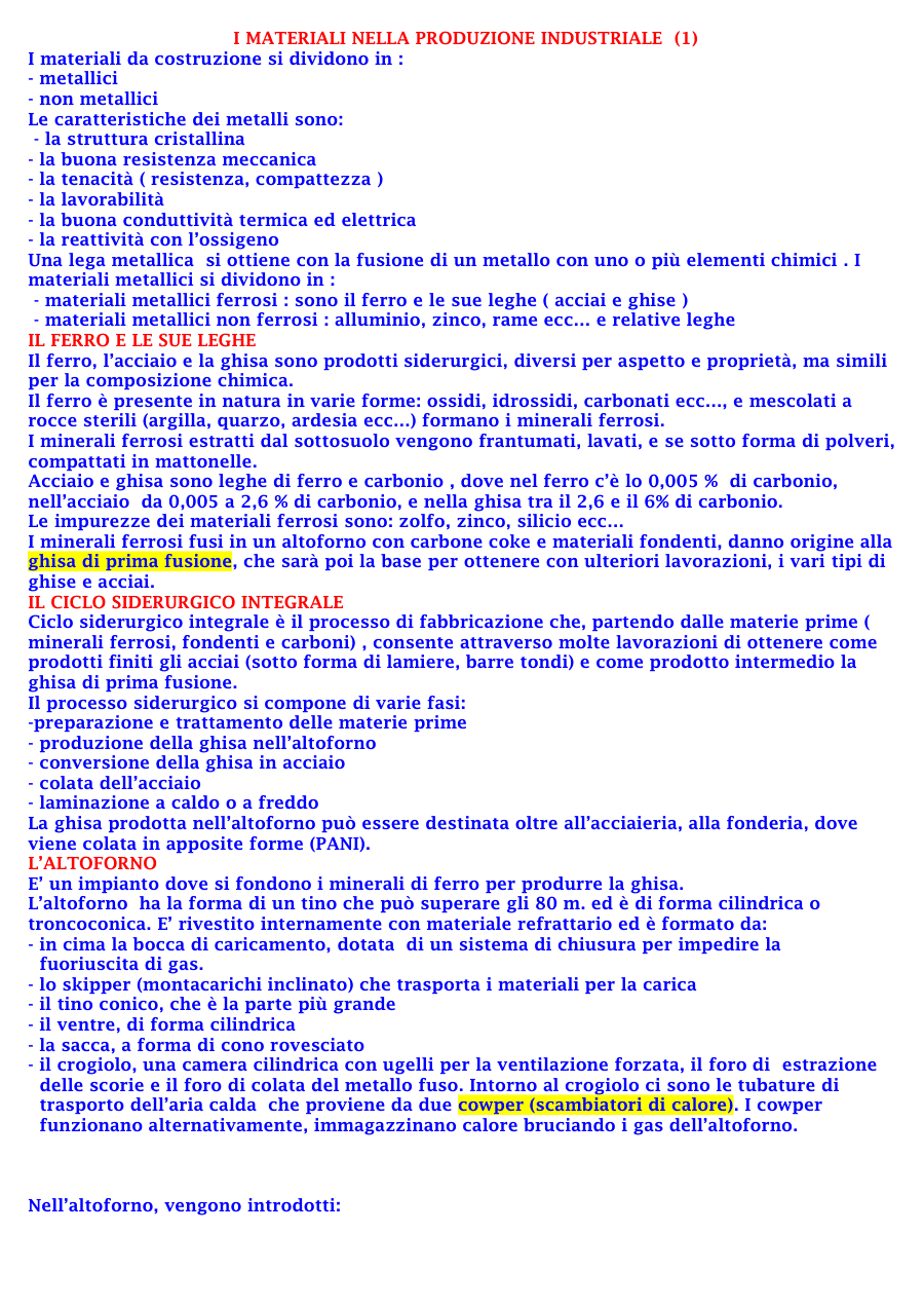 Produzione di materiali metallici e ciclo siderurgico