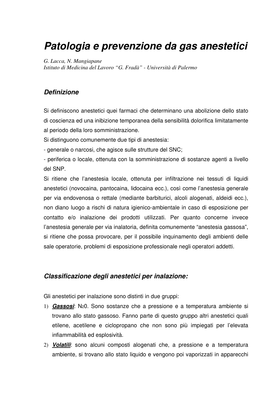 Patologia e prevenzione da gas anestetici