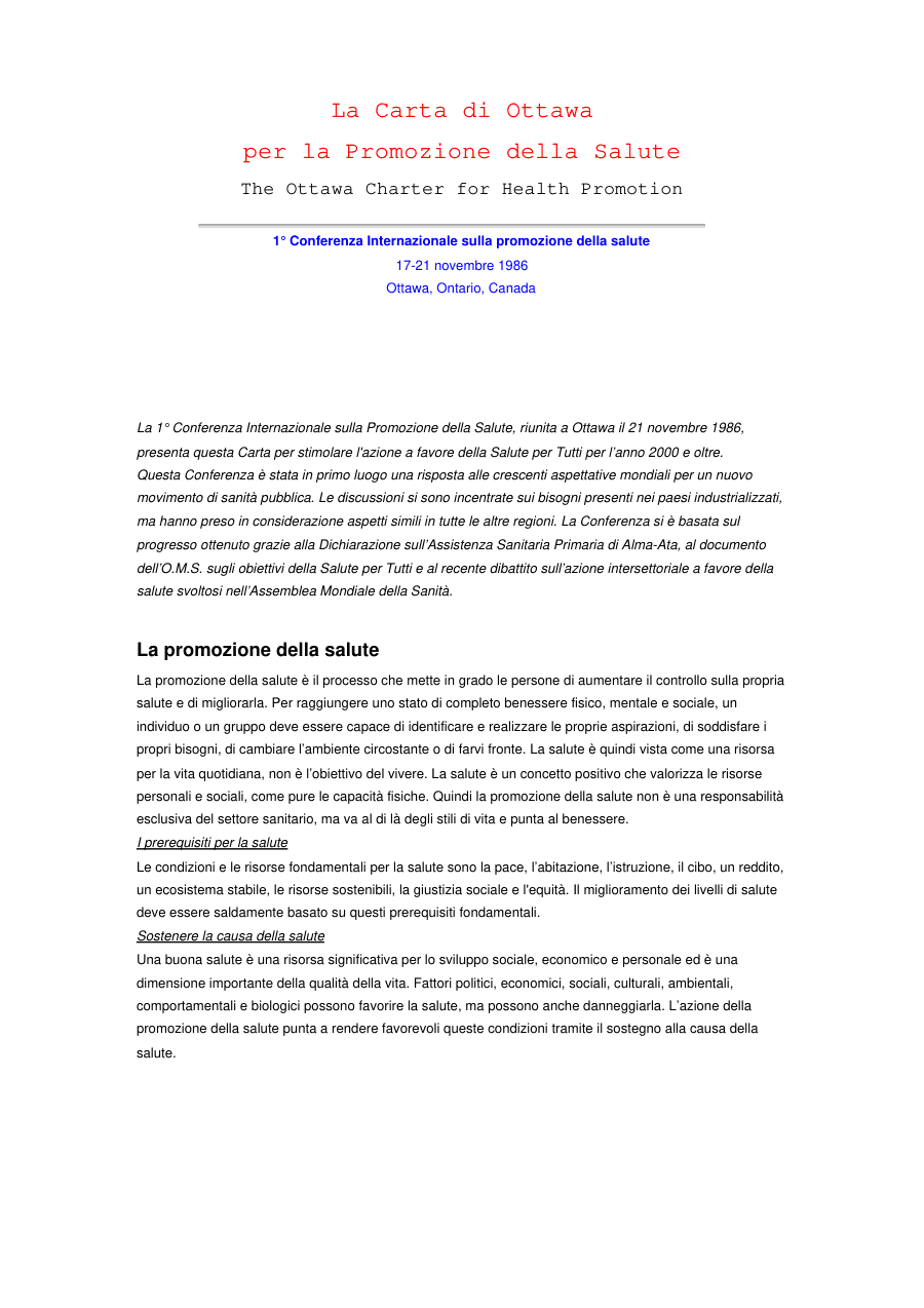 La Carta di Ottawa per la Promozione della Salute