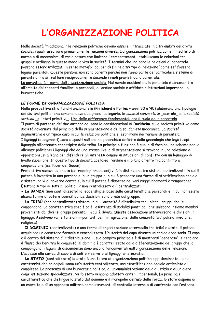 Tipologie di organizzazione politica nelle società tradizionali