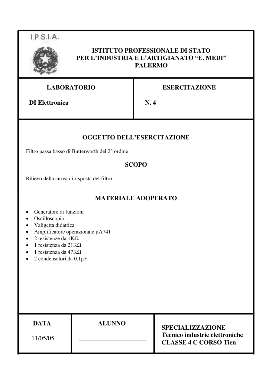 Esercitazione sul Filtro Passa Basso di Butterworth