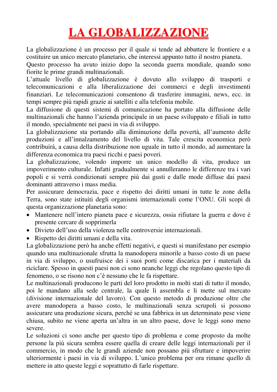 Copertina La globalizzazione: processi, effetti e sfide