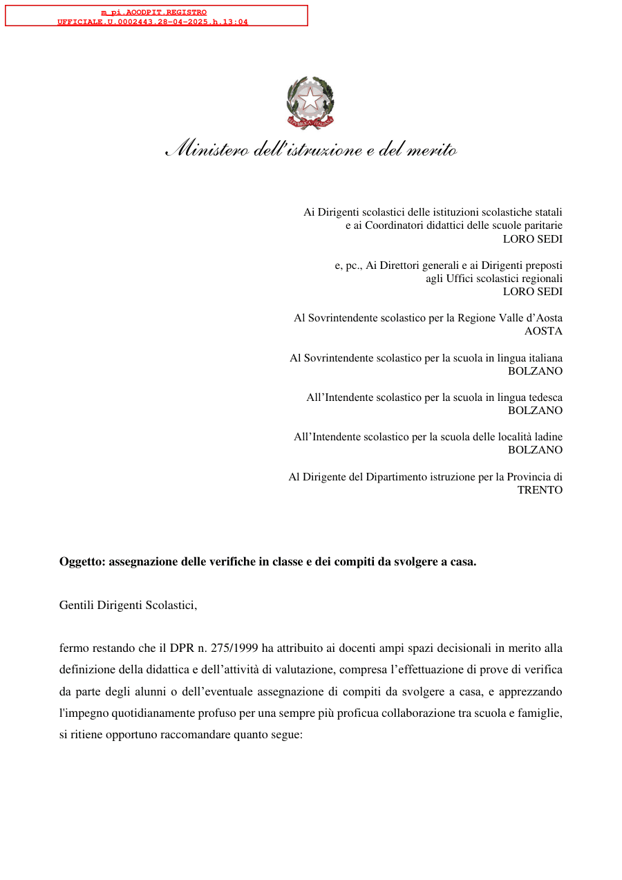 Assegnazione verifiche e compiti a casa