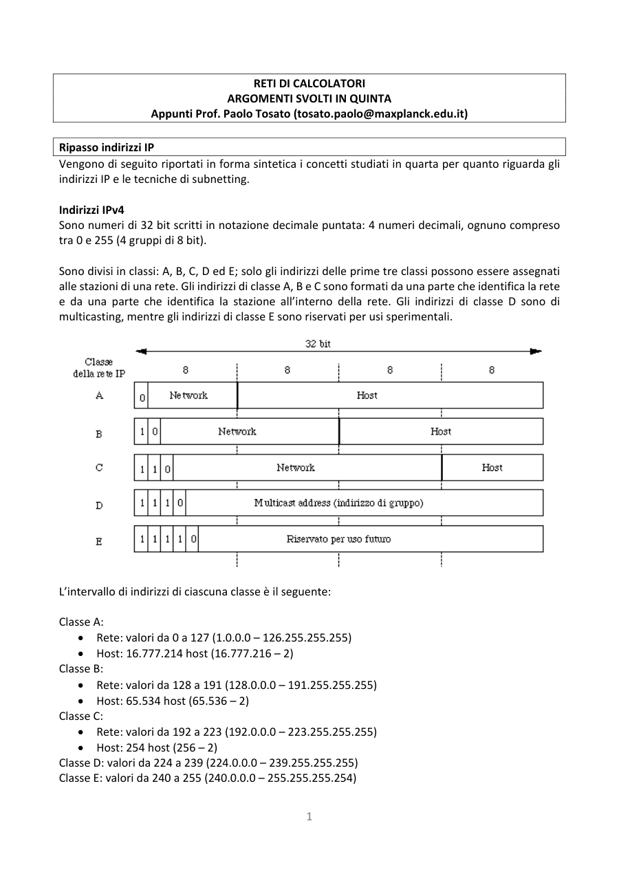 Copertina Reti di calcolatori: indirizzi IP e subnetting