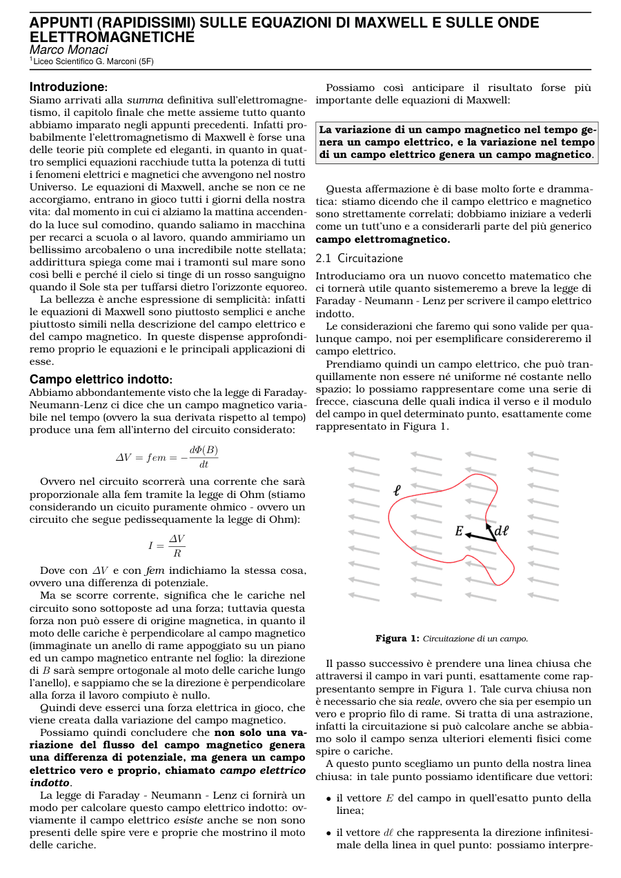 Copertina Appunti sulle Equazioni di Maxwell e Onde Elettromagnetiche