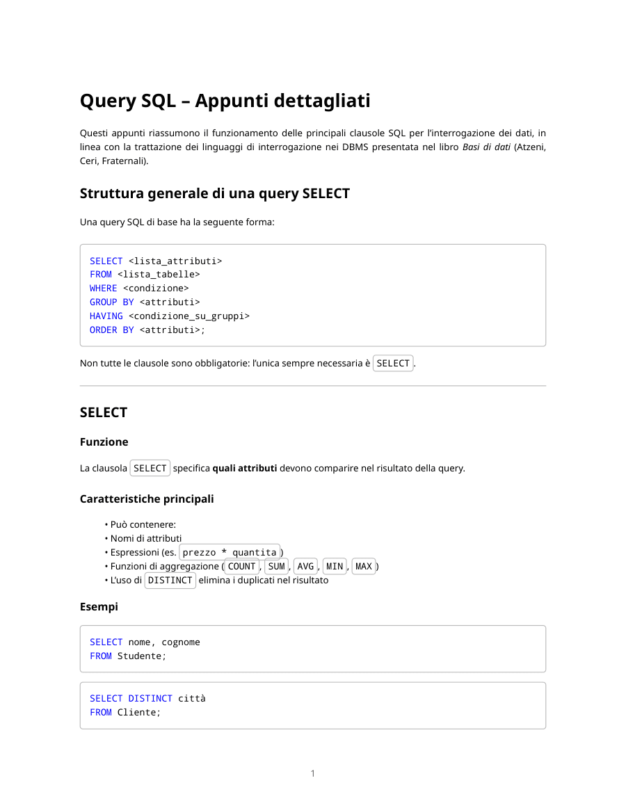 Copertina Appunti sulle Query SQL