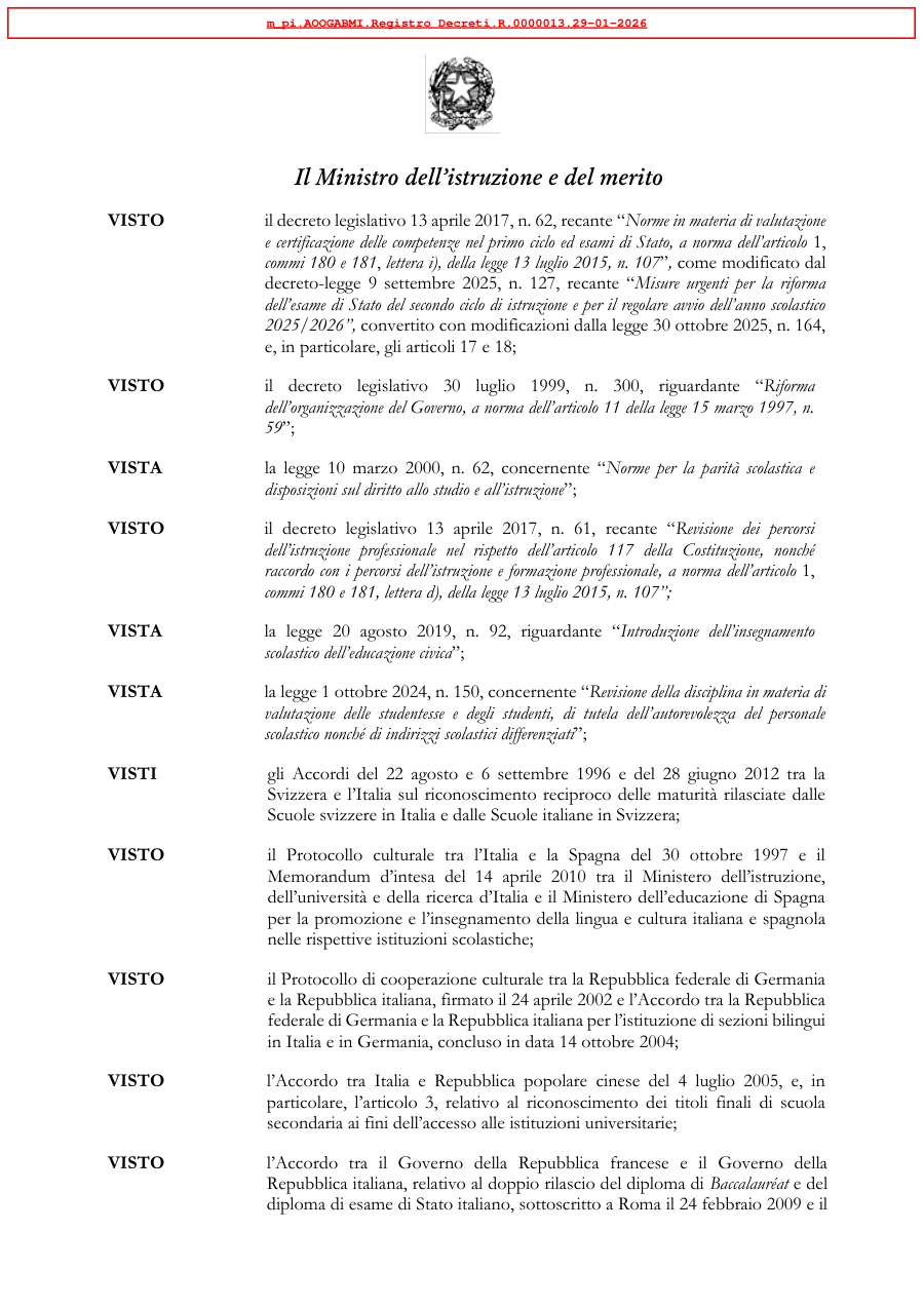 Copertina Decreto su esami di Stato e riconoscimenti