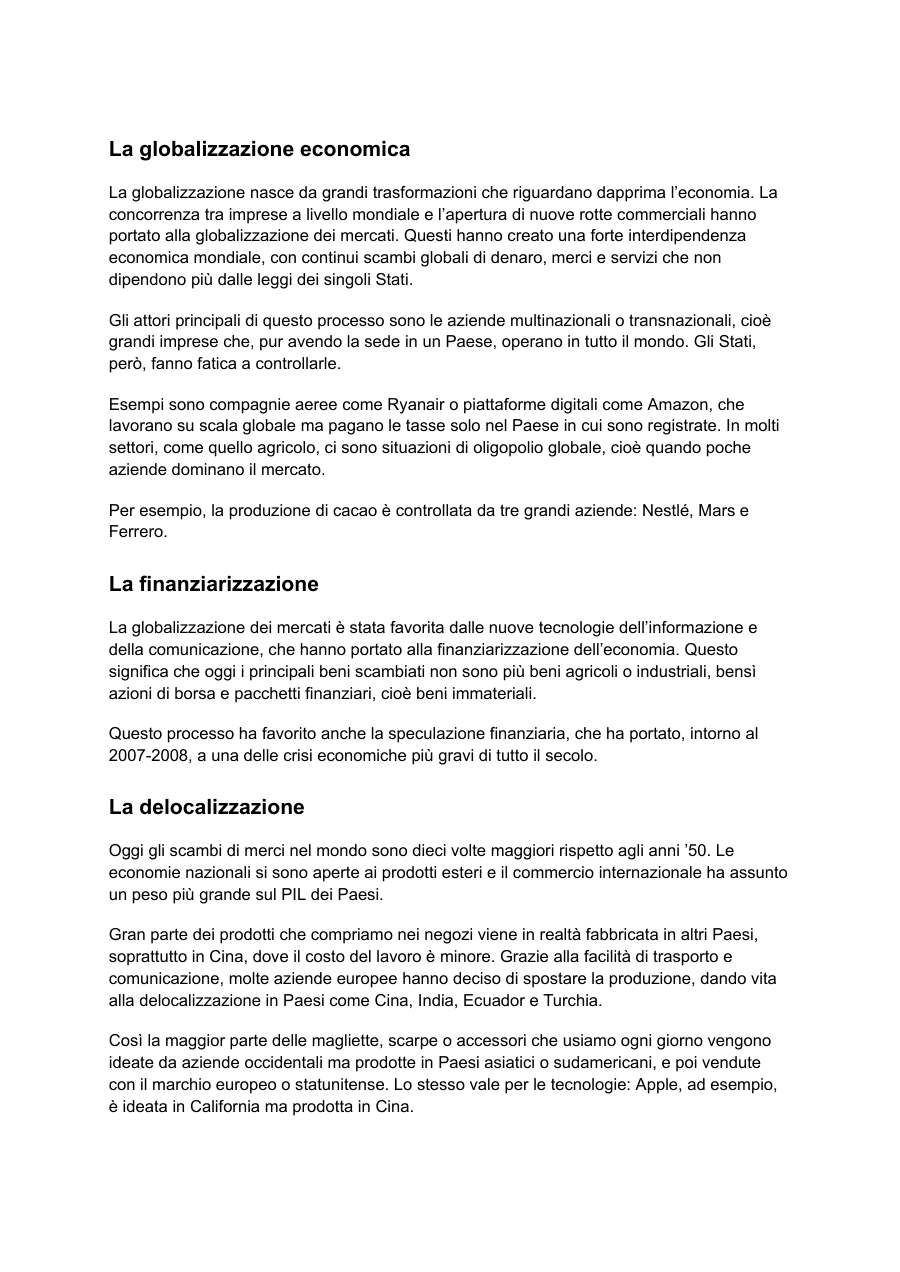 Copertina Globalizzazione economica